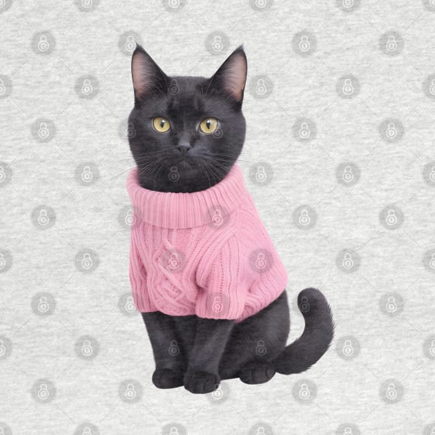 Black cat wearing pink sweater by Luckymoney8888